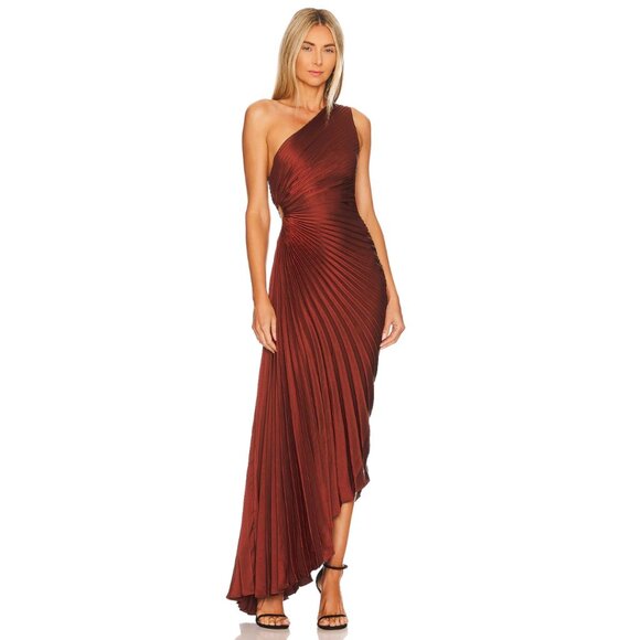 A.L.C. Delfina One-Shoulder Cutout Pleated Dress in Brunette Size 4 - Picture 1 of 14
